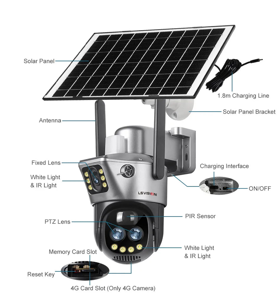 LS VISION Dual Screen Solar Camera 10X Zoom Outdoor WIFI/4G PTZ CCTV with Light Alarm