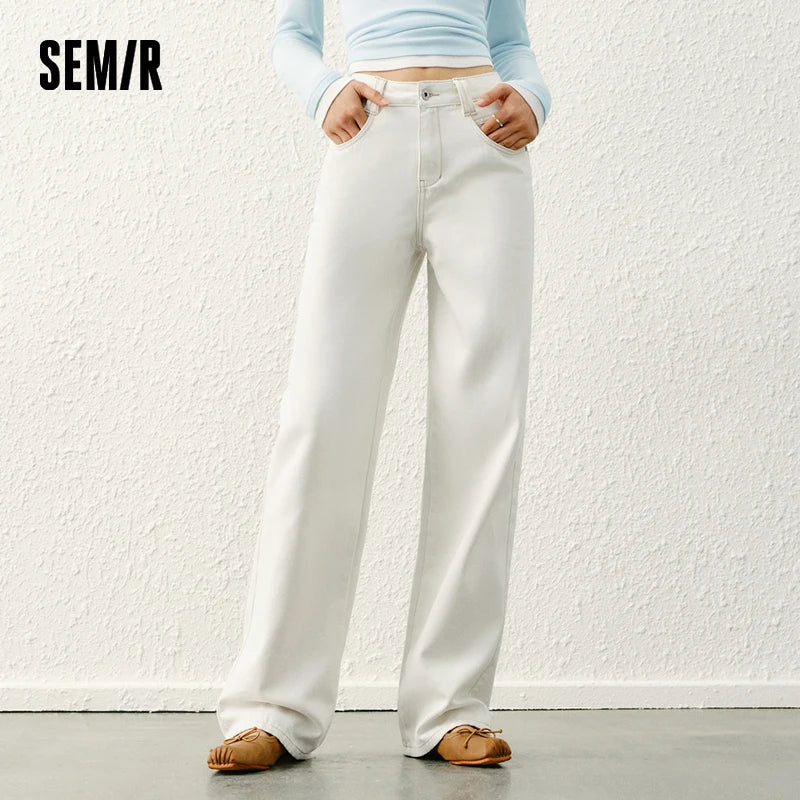 Semir Women’s 2025 Winter Wide-Leg Fleece-Lined Jeans – Full-Length Hong Kong Style Trousers