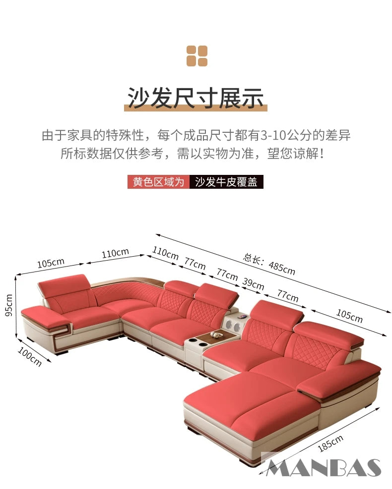 MINGDIBAO Italian Genuine Leather L-Shaped Sofa Set with Adjustable Headrests, Bluetooth Speaker & Wireless Charging