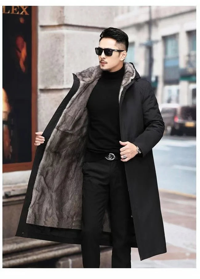 Men’s Detachable Fur One-Piece Winter Coat – Thick Faux Mink Fur Lined
