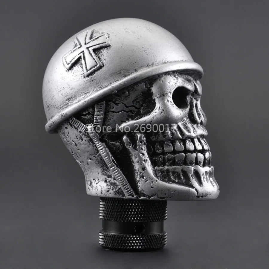 Silver Skull Helmet Universal Car Gear Shift Knob Lever – Heavy Resin & Metal Shifter for SUV, Truck, Coupe & Hatchback
