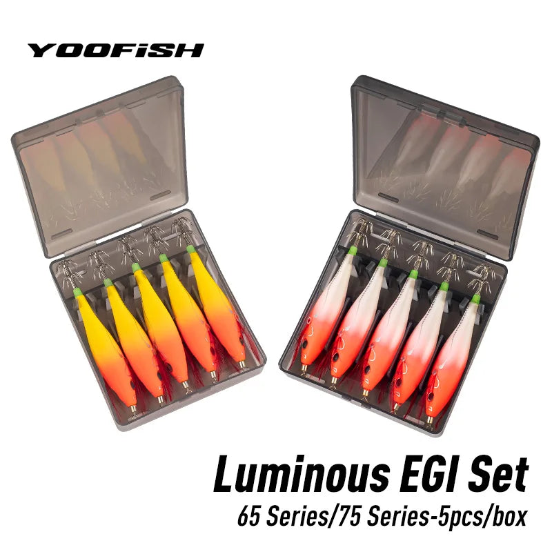 YOOFISH Luminous Horizontal Squid Jig (5pcs Set) – Premium Wood Shrimp Squid Hooks for Saltwater Fishing