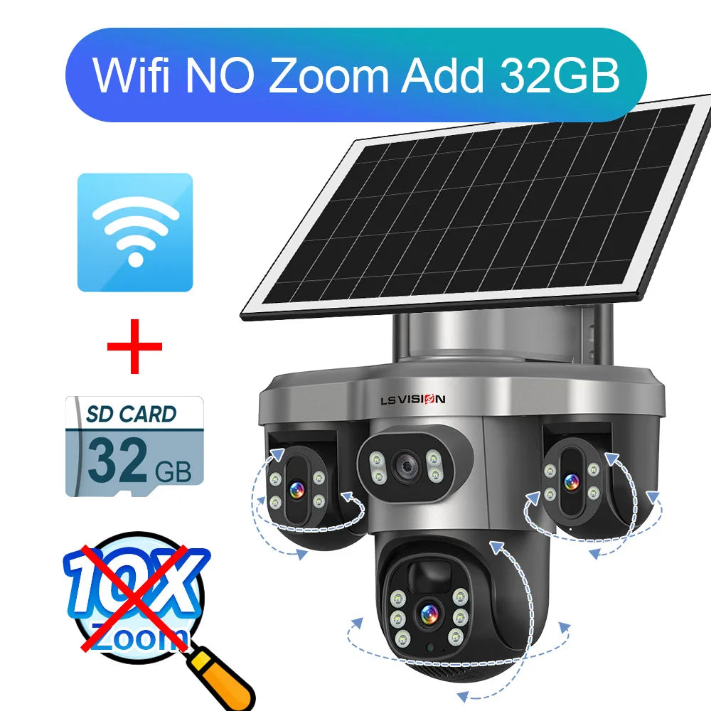LS VISION 20MP 4-Lens Three Screen 4G/WiFi Solar Security Camera with 10X Optical Zoom and Auto Tracking