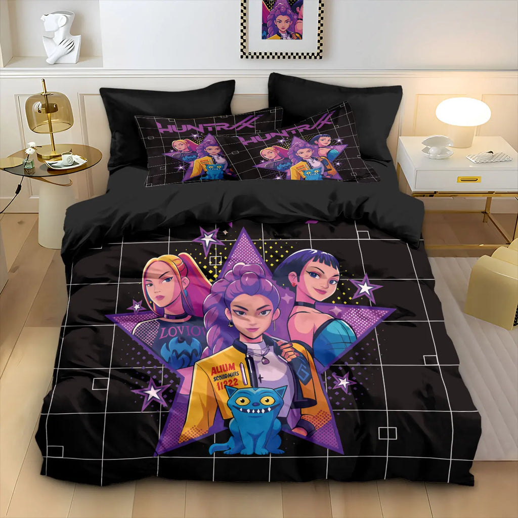 3pcs K-Pop Bedding Set Demon Hunters Colorful Print Polyester Duvet Cover with Pillowcases