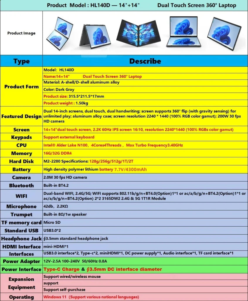 Dual Screen 14+14 Inch 2K Touchscreen 2-in-1 Laptop 16GB/32GB Intel N100 CPU 360° Flip Metal Case