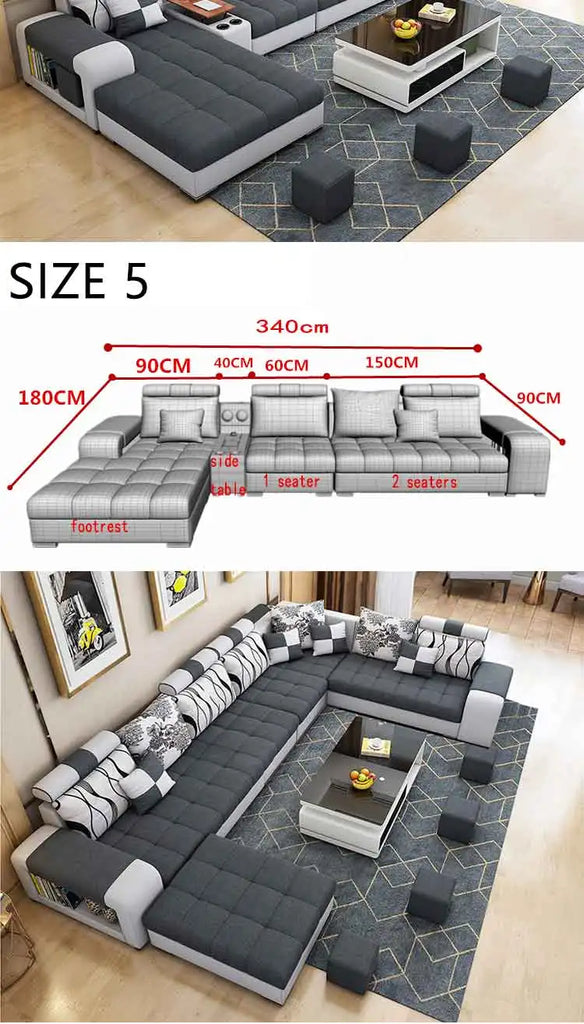 Modern U-Shaped Fabric Sofa Set with USB & Stools – Living Room Couch, Customizable Colors