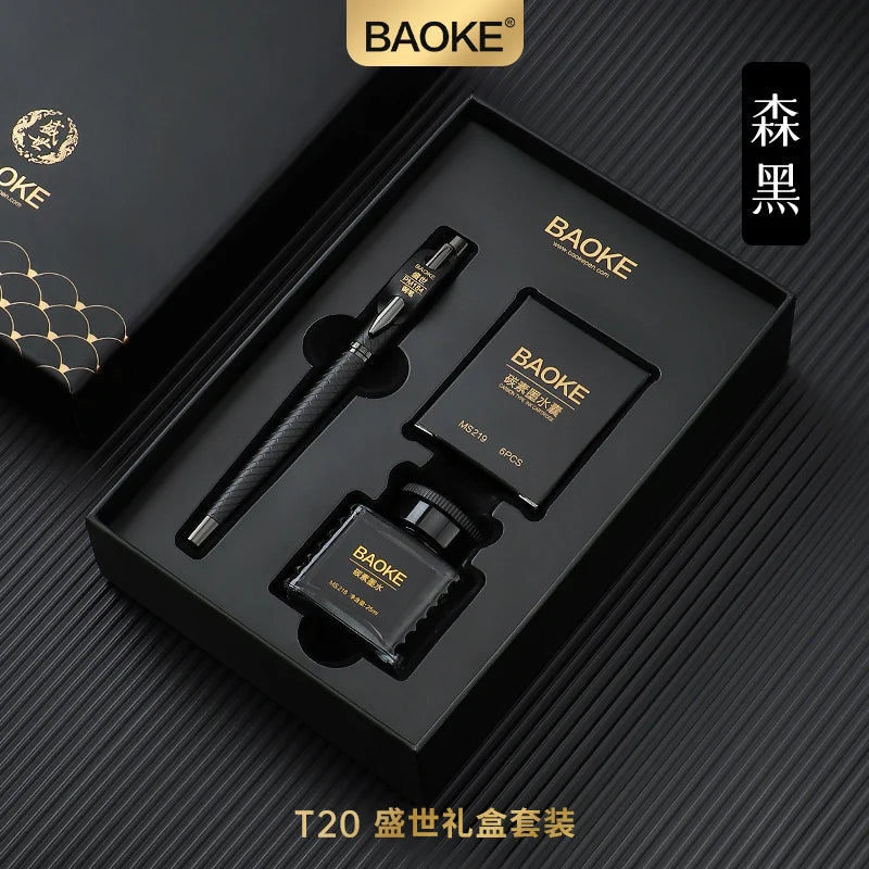 BAOKE T18/T19/T20 Black & Grey Fountain Pen Gift Set with Ink Bottle and 6 Cartridges – Stainless Steel Nib Metal Office Pen