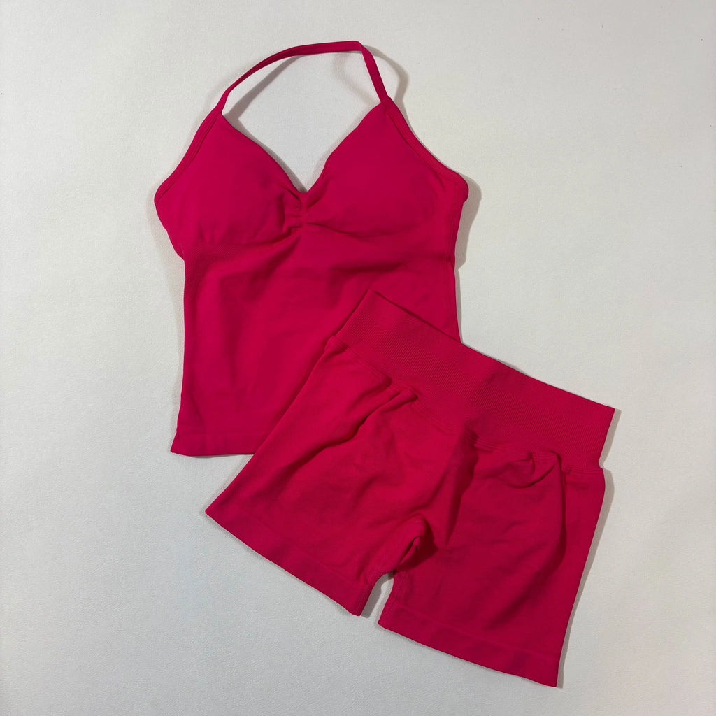 Women’s Seamless Yoga Gym Set – Backless Tank Top & High Waist Scrunch Shorts (2PCS)
