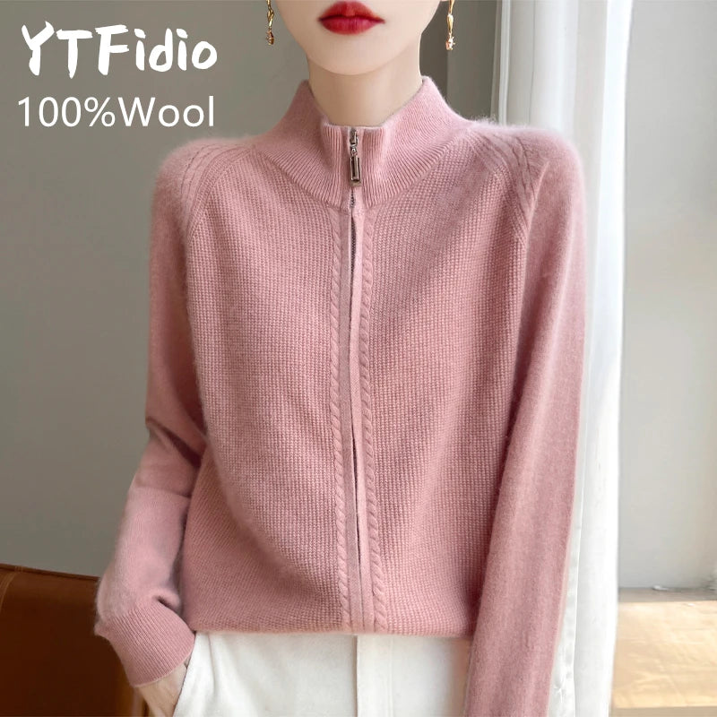 100% Wool Women’s Zipper Turtleneck Sweater – Casual Loose Knit Cardigan for Autumn/Winter