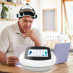 Man using a brain-computer interface device in a home setting