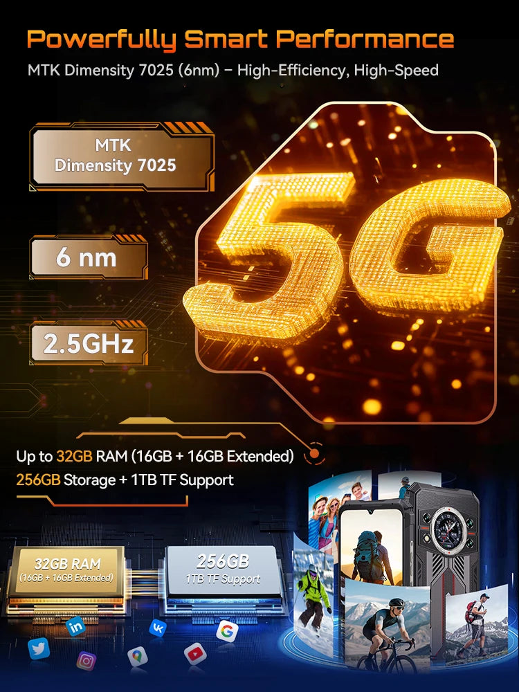 Cubot KingKong 11 Rugged 5G Smartphone, 10200mAh Battery, Dimensity 7025, 32GB RAM, 256GB ROM, 108MP Triple Camera, 6.72" FHD+ 120Hz Display, Android 15