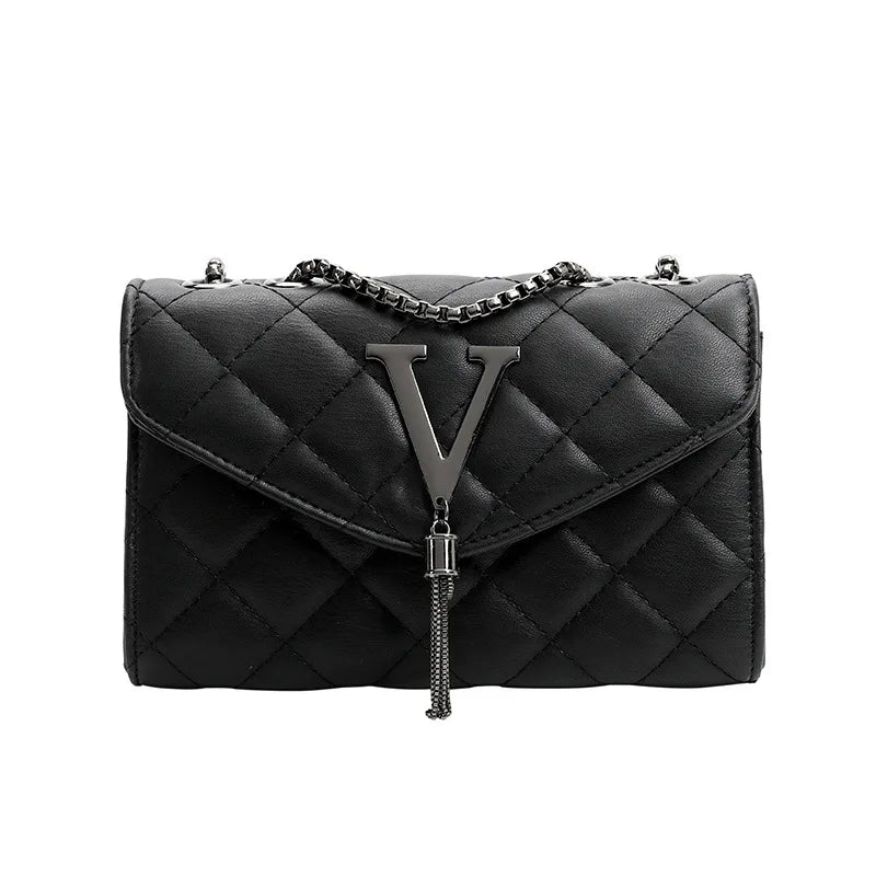 Black Luxury Quilted PU Leather Shoulder & Crossbody Bag for Women – Plaid Tassel Messenger Handbag