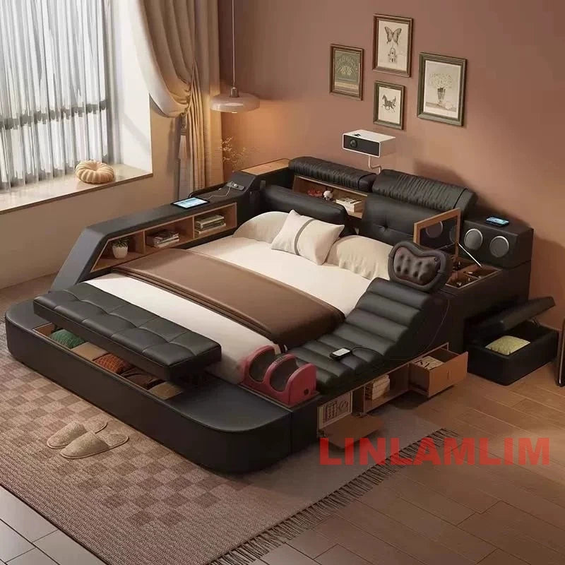 Luxury Smart Multifunctional Upholstered Bed with Massage, Bluetooth Speakers, Projector, USB & Storage – Modern King Size Tech Bed