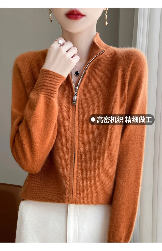 100% Wool Women’s Zipper Turtleneck Sweater – Casual Loose Knit Cardigan for Autumn/Winter