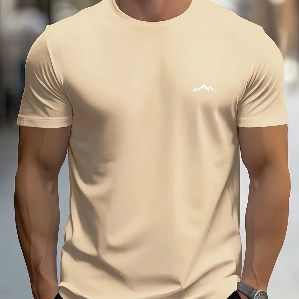 Men's Summer Cotton Casual Sports T-Shirt with Mountain Print, Short Sleeve, Round Neck