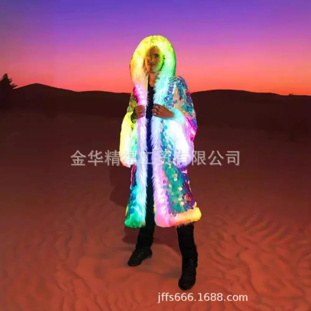 Men’s Faux Fur Long Coat with Sequins Hood – Fluffy Warm Winter Jacket for Party, Cosplay & Stage