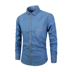 Men’s Autumn Cotton-Blend Denim Shirt – Casual Long Sleeve Button-Up with Single Pocket