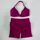 Women’s 2-Piece Seamless Gym Set – Strappy Yoga Bra & High-Waist Scrunch Shorts Workout Suit thumbnail 56