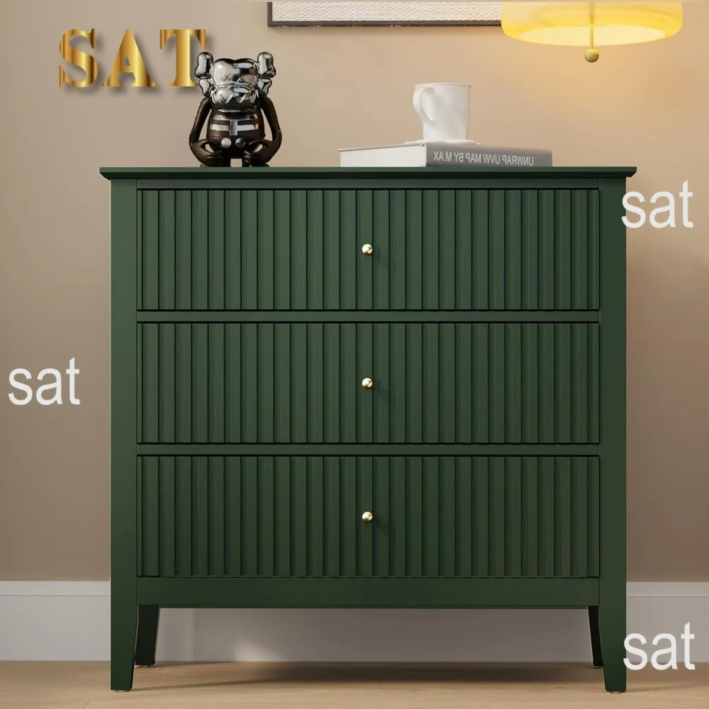 Green Fluted 3 Drawer Modern Dresser Nightstand – 32 Inch Wide Wood Chest of Drawers