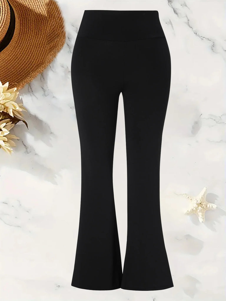 3-Pack or Single Piece Elegant Wide-Waisted Solid Color Summer Flared Pants for Women – Knitted Polyester Blend, Elastic Waist, Mature Style, Ankle-Length