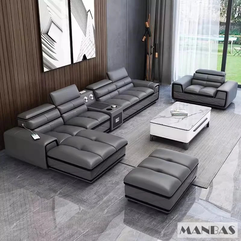 Modern Italian Genuine Leather Sectional Sofa with USB Charging & Bluetooth Speaker – MINGDIBAO Living Room Furniture