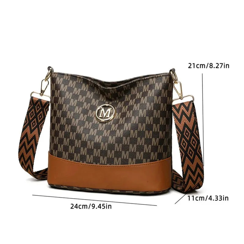 Retro M Letter Crossbody Handbag for Women – PU Leather Bucket Style Messenger Bag
