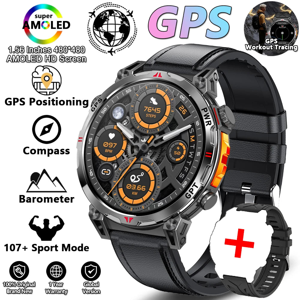 Outdoor Sports Smartwatch for Men – GPS, 1.56-inch AMOLED, 5ATM Waterproof, 650mAh Battery, Compass & HD Call