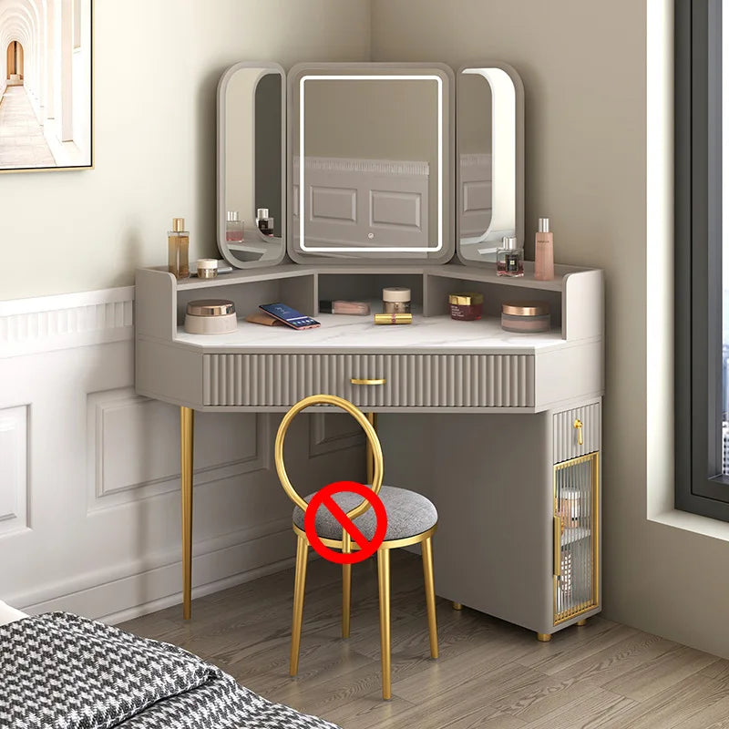 Luxury Solid Wood Corner Dressing Table with Mirror and Stool – Modern Minimalist Bedroom Furniture