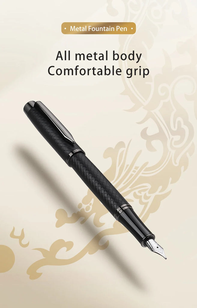 BAOKE T18/T19/T20 Black & Grey Fountain Pen Gift Set with Ink Bottle and 6 Cartridges – Stainless Steel Nib Metal Office Pen