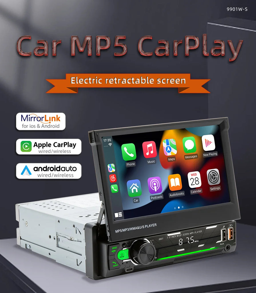 1Din 7'' Retractable Car Stereo with Wireless CarPlay & Android Auto, Bluetooth, FM, USB, AUX