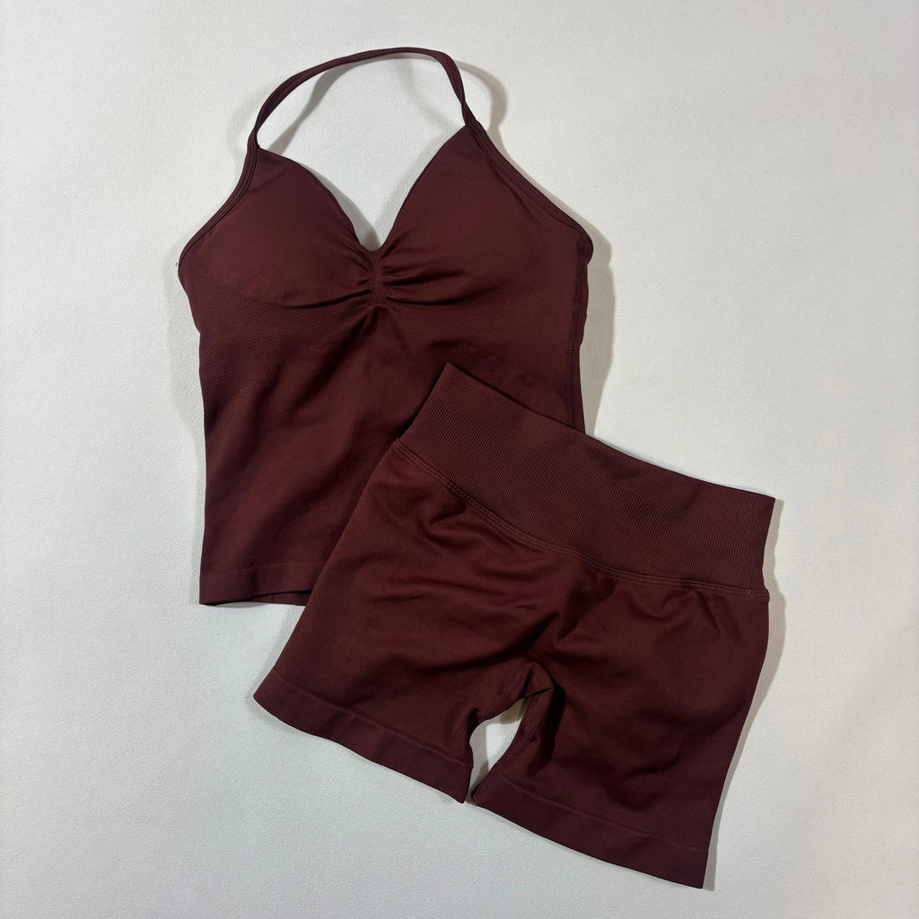 Women’s Seamless Yoga Gym Set – Backless Tank Top & High Waist Scrunch Shorts (2PCS)