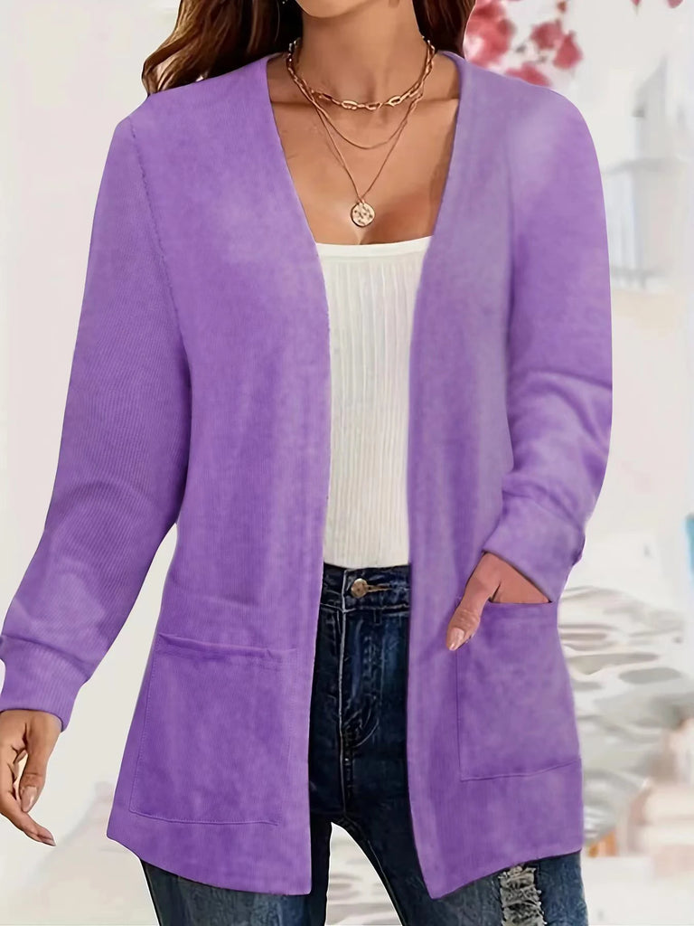 Autumn & Winter Women's Solid Color Knitted Open-Front Cardigan with Pockets