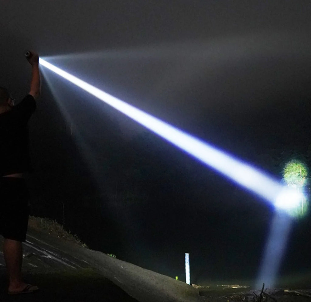 UltraBright™ 1500W Rechargeable LED Flashlight – 6,000M Long Range Tactical Torch (Built-in Power Bank)