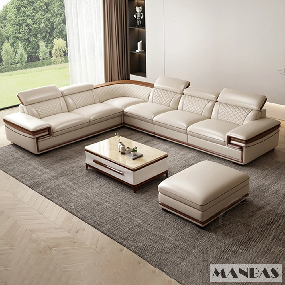 MINGDIBAO Italian Genuine Leather L-Shaped Sofa Set with Adjustable Headrests, Bluetooth Speaker & Wireless Charging