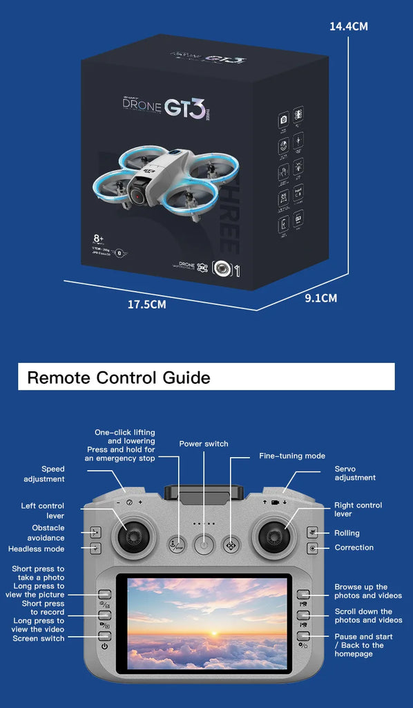 GT3 MAX 8K HD Mini Drone with 4.3" Remote Control – 360° Flip Quadcopter for Kids