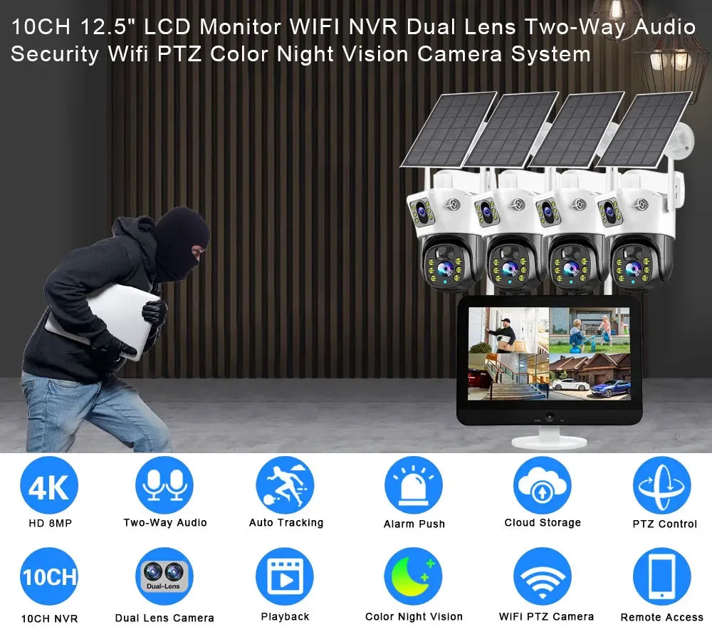 100% Wire-Free Solar PTZ Dual Lens 12.5" LCD Monitor 10CH WiFi NVR 8MP 4K Wireless Home Security Camera System