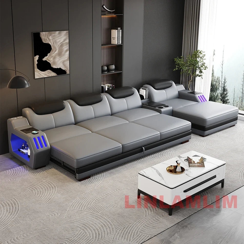 Modern L-Shaped Leather Sectional Sofa Bed with Adjustable Headrests, LED Lights, Storage & USB Ports
