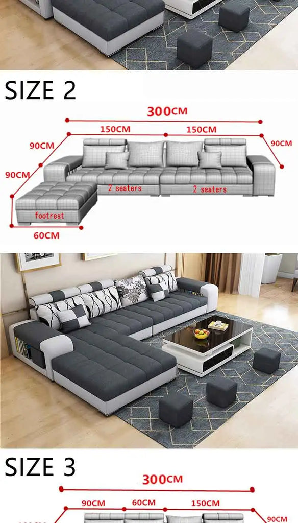 Modern U-Shaped Fabric Sofa Set with USB & Stools – Living Room Couch, Customizable Colors