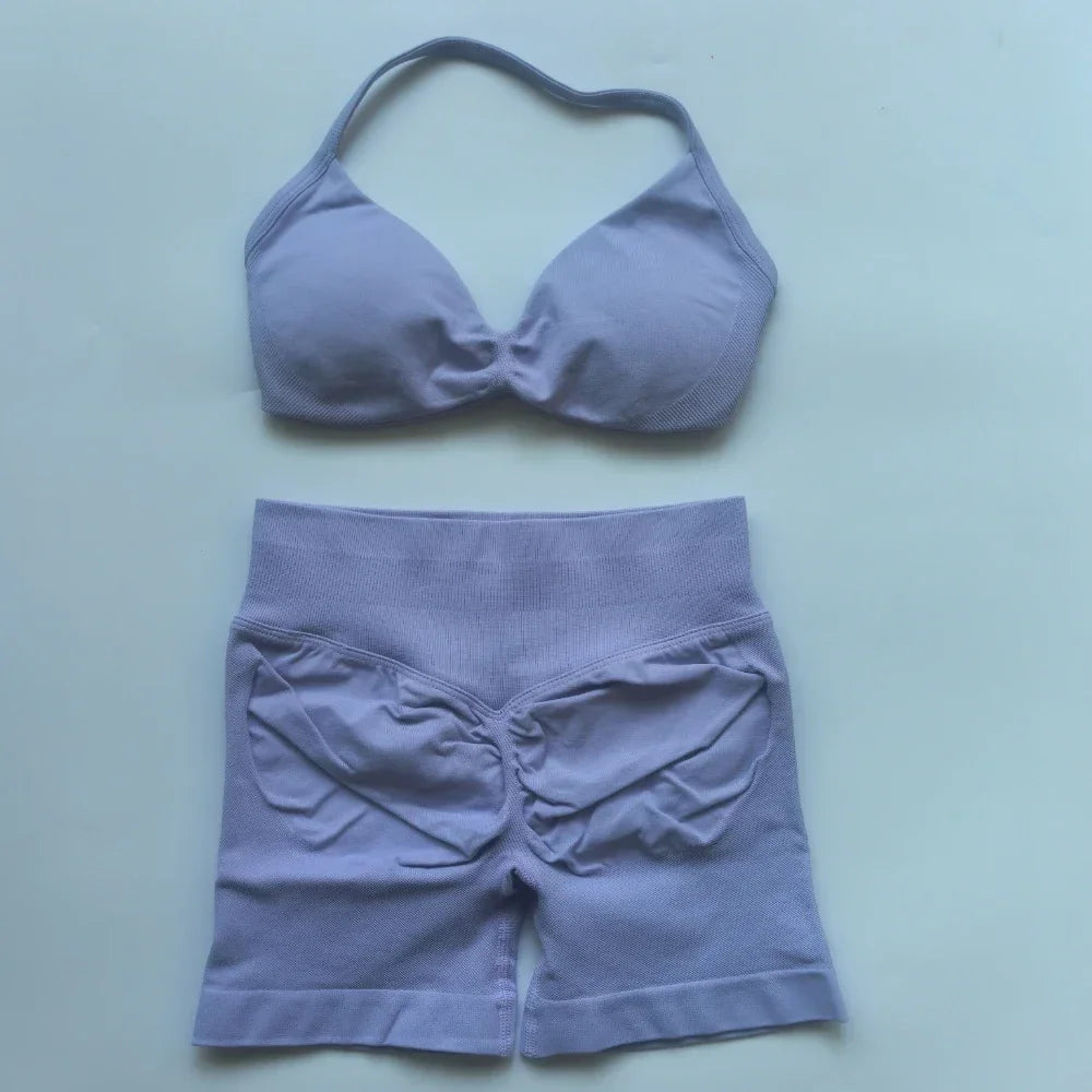 Women’s 2-Piece Seamless Gym Set – Strappy Yoga Bra & High-Waist Scrunch Shorts Workout Suit