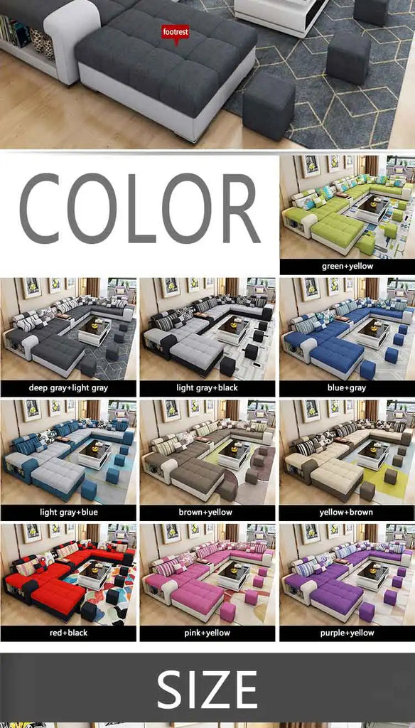 Modern U-Shaped Fabric Sofa Set with USB & Stools – Living Room Couch, Customizable Colors