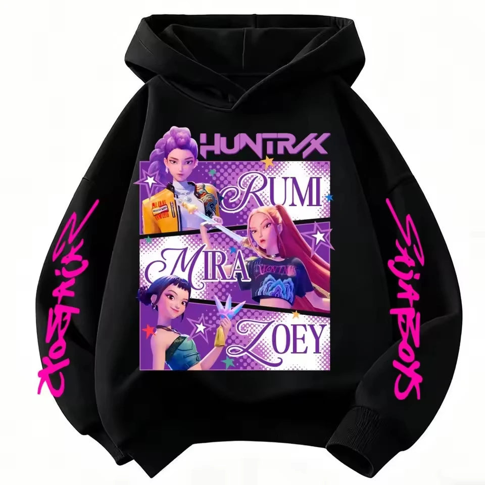 Cute Girls Hooded Sweatshirt KPop Demon Hunter Cartoon Casual Top – Purple & Pink