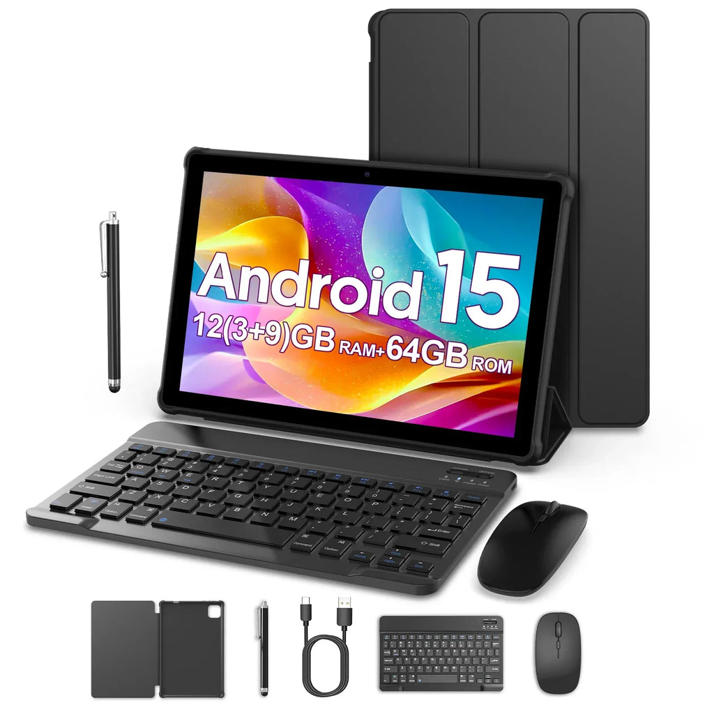 BAKEN 10-Inch Android 15 Tablet – Quad Core Processor, 12GB RAM (3GB+9GB), 64GB Storage, 1280x800 HD Display, Dual Camera, 5G WiFi
