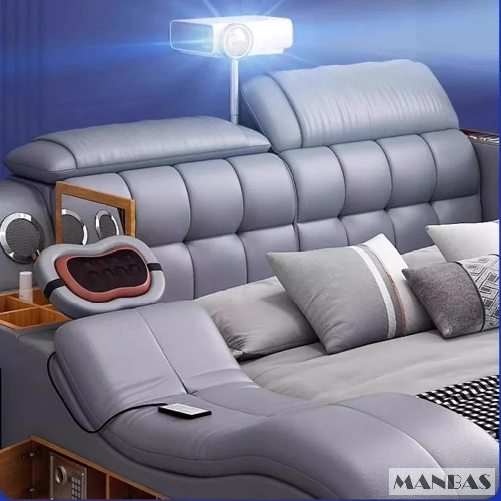 MANBAS Luxury King Size Genuine Leather Smart Bed with Massage, Storage, USB & Projector