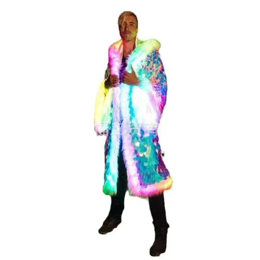 Men’s Faux Fur Long Coat with Sequins Hood – Fluffy Warm Winter Jacket for Party, Cosplay & Stage