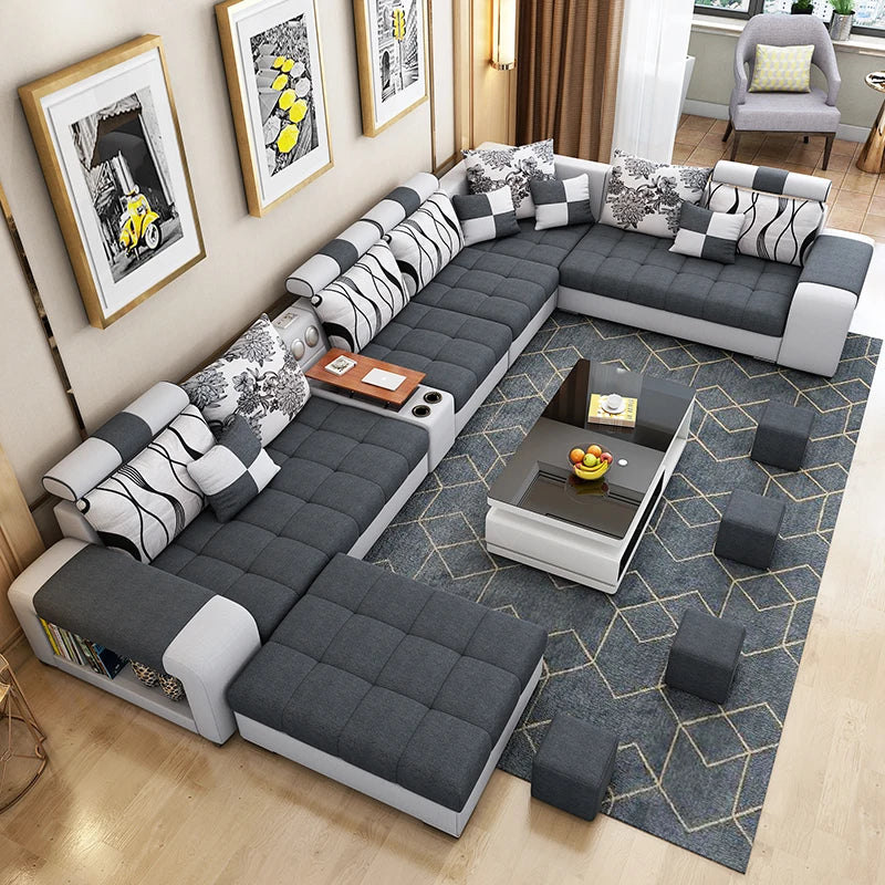 Modern U-Shaped Fabric Sofa Set with USB & Stools – Living Room Couch, Customizable Colors
