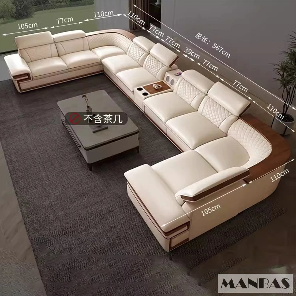 MINGDIBAO Italian Genuine Leather L-Shaped Sofa Set with Adjustable Headrests, Bluetooth Speaker & Wireless Charging