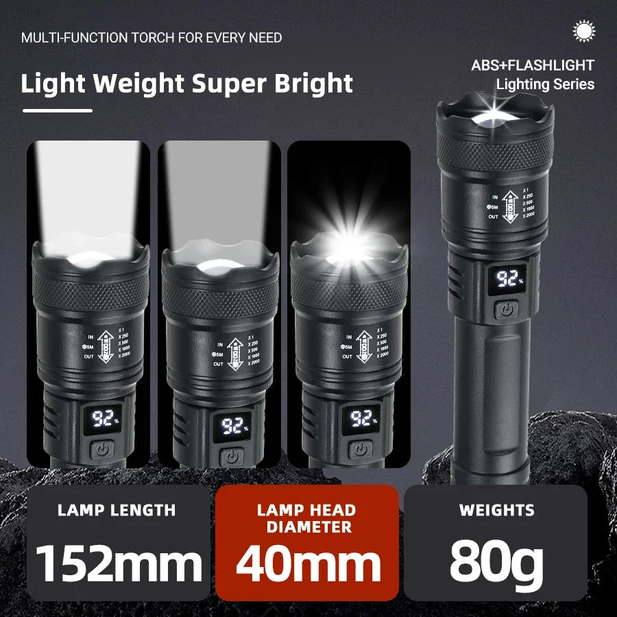 High Power 2000LM LED Tactical Flashlight with USB Charging, Zoom, and Display – Camping, Fishing, Emergency