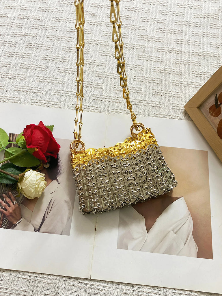 Silver Shiny Hand Woven Bead Sequin Crossbody Bag with Long Shoulder Strap for Women