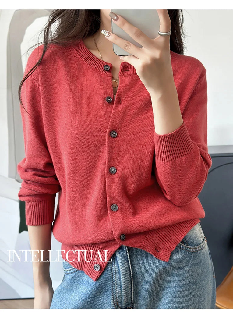100% Cotton Women’s O-Neck Solid Cardigan – Luxury Designer Pullover