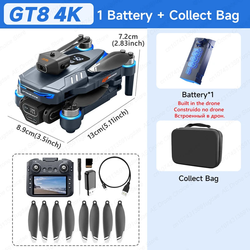 GT8 8K Professional HD Drone with Dual Cameras, 4.3” Screen Remote, Brushless Motor & Obstacle Avoidance – Foldable Quadcopter
